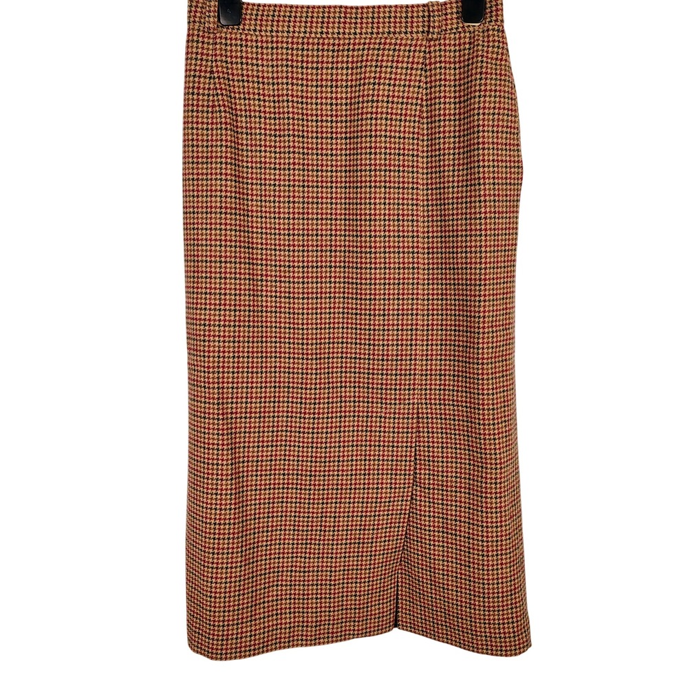 Koret Womens SZ 16 Houndstooth Wool Blend Midi Skirt Brown Plaid Dark Academia